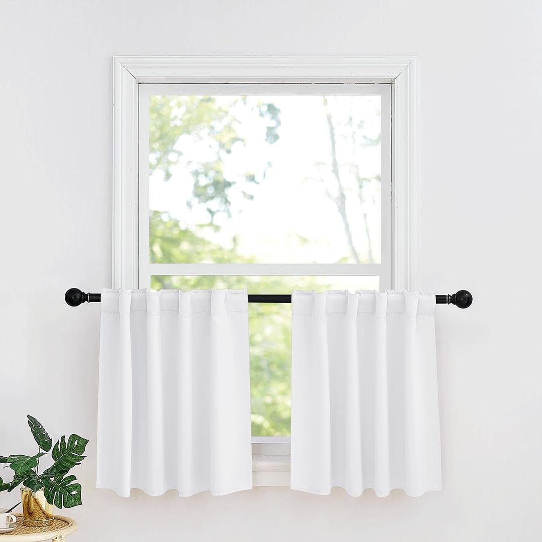 RYB HOME Small Window Curtains - Insualting Privacy Curtains for Kids Bedroom Kitchen Bathroom Basement Cafe Cabinet Tiers Drapes, 34 Width x 30 Length, 2 Panels, Pure White
