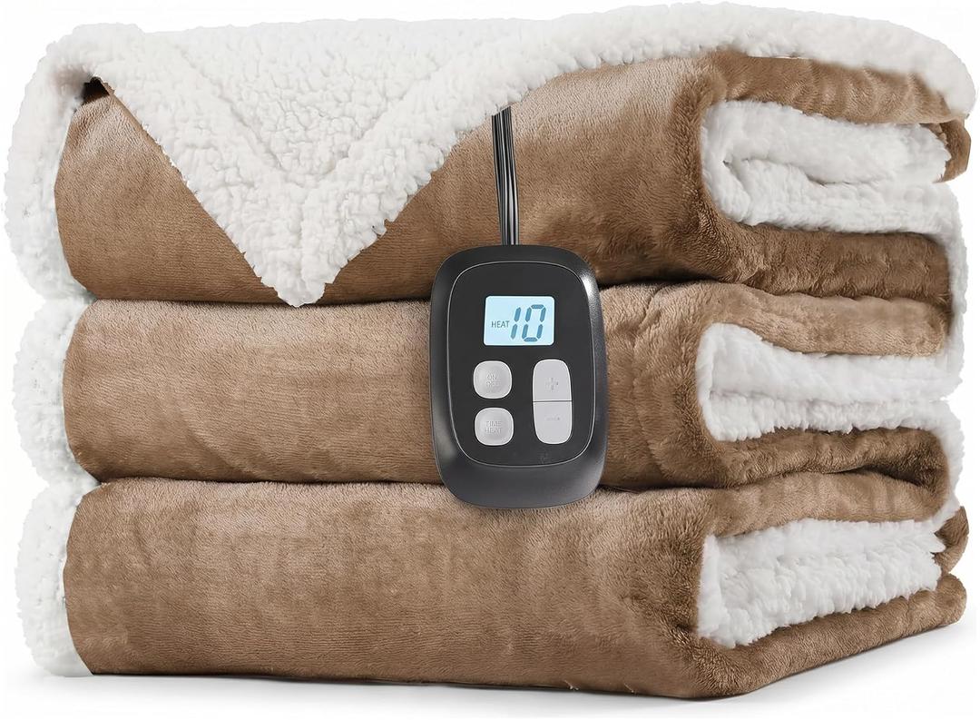 LaffyLo Electric Heated Blanket Full Size 72 x 84, Fast Heating Blanket, Dual-Sided Flannel Sherpa, 10 Heat Settings, 1-12 Hour Auto Off, Machine Washable, Light Brown