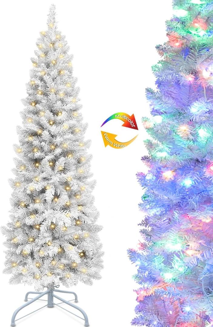 5 Ft Prelit Artificial Pencil Christmas Tree Decoration with 8 Modes 100 LED Warm Lights Plug in 380 Branch Tips Metal Stand Slim Tree Xmas Decor Indoor Outdoor Home Holiday (White)
