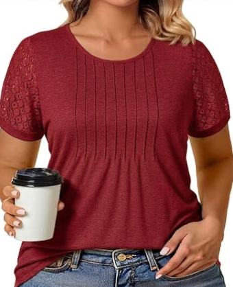 Plus Size Shirts for Women Summer Lace Short Sleeve Tees Workout Pleated Tops Casual Tunics Rust Red 2XL