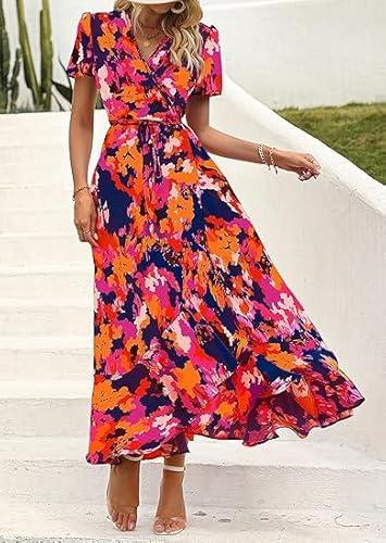 Womens V Neck Short Sleeve Graphic Print Colorblock Boho Flowy Casual Vacation A-line Maxi Dress (Multicolor, L)