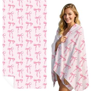 Pink Bow Beach Towel Coquette Beach Towel Gift 60 x 30 Inch Coquette Birthday Pink Bow Party Decorations for Birthday Baby Shower Bridal Shower Bachelorette Party Decor