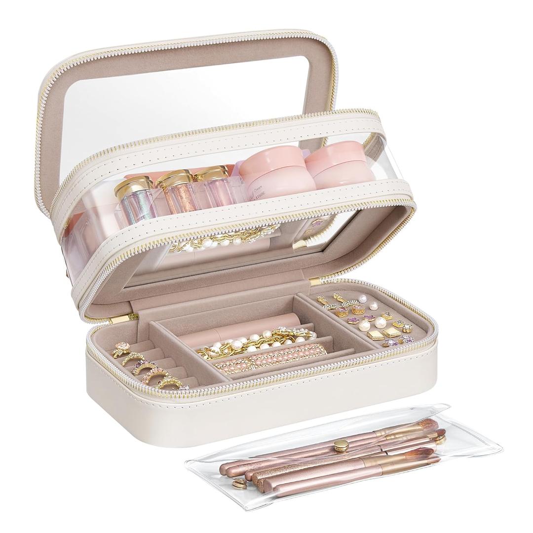 SONGMICS Makeup Bag with Mirror, with Jewelry Storage, Travel Makeup Bag, with Separate Brush Storage Pouch, Transparent Window, 8.7 x 4.7 x 4.7 Inches, Gift Idea, Cloud White UJKA026W01