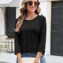 TICTICMIMI Women's 3/4 Sleeve Tops Crew Neck Pleated T Shirts Loose Fit Tunic Shirts (Large, Black)