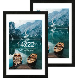 Hongkee 14x22 Picture Frame Set of 2, Rustic Black Wood Style - Display 14 x 22 Picture without Mat or 12x18 Picture with Mat, Wall Mounting Horizontal and Vertical