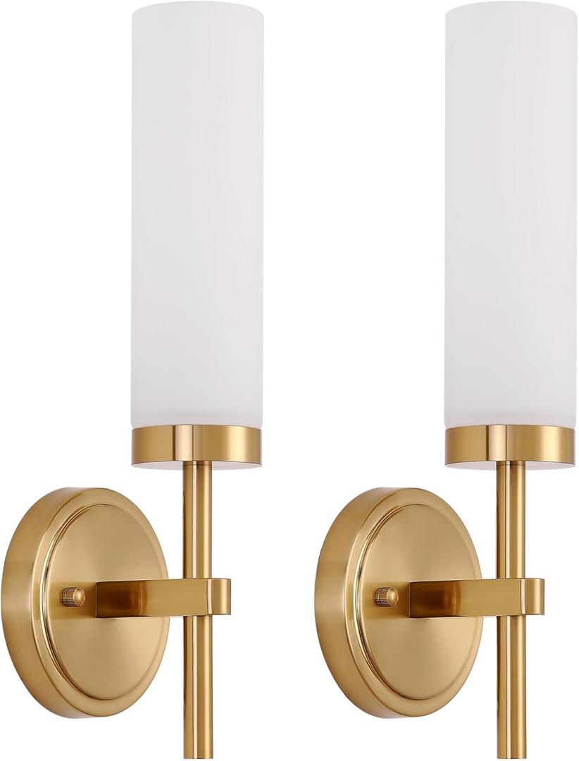 Gold Bathroom Wall Sconces Set of 2, Modern Sconces Wall Lighting Vanity Light Fixtures with Opal White Glass Shade, Brushed Brass Wall Lights for Mirror Living Room Bedroom Hallway Kitchen Stairs (Hardwired (2 Pack))