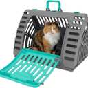 SportPet X-Large Hard-Sided Travel Cat Carrier - Cat Carrier with Patented Wide Side-Opening Door, Foldable Portable Pet Carrier for Cats & Small Pets up to 35lbs - Dark Gray/Teal
