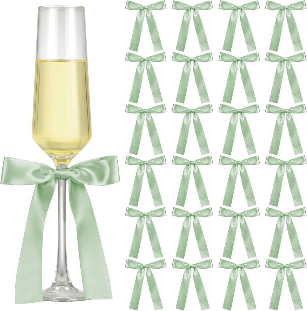 Jingmore Sage Green 24 Pack Bows for Champagne Glasses Candle Holder 6.7 x 4 Inch Bow Drink Tags Wine Glass Candlestick Ribbon Self Adhesive Name Marker for Wedding Anniversary Party Gift Decor