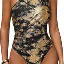 WDIRARA Women's Tie Dye Mesh One Shoulder Bodysuit Metallic Sleeveless Asymmetrical Tank Body Suits (Large)
