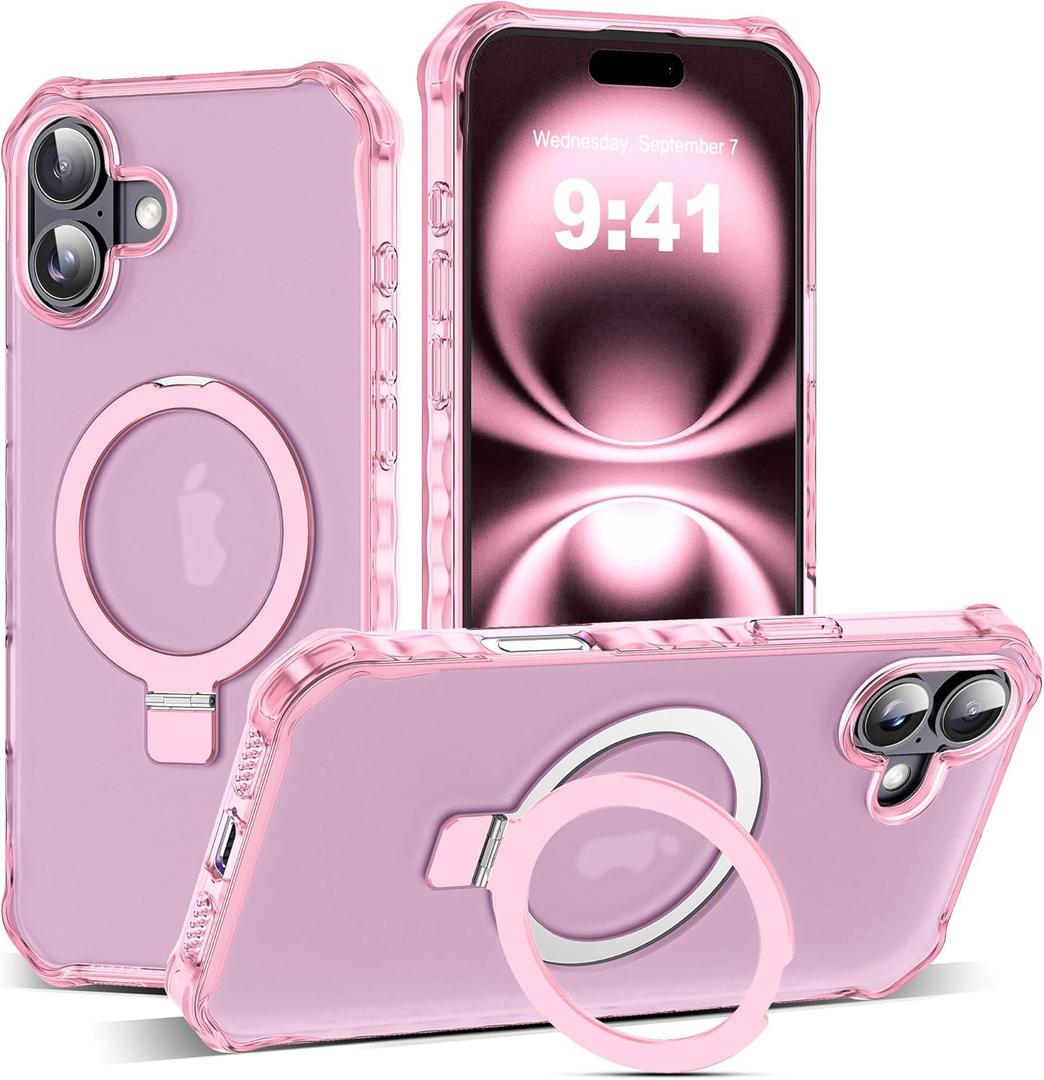 for iPhone 16 Case with Magnetic Invisible Stand [Compatible with Mag-Safe] [Military Drop Tested] Translucent Matte 16 Cover with Good Grip Curly Wave Edge for Women 6.1'', Pink