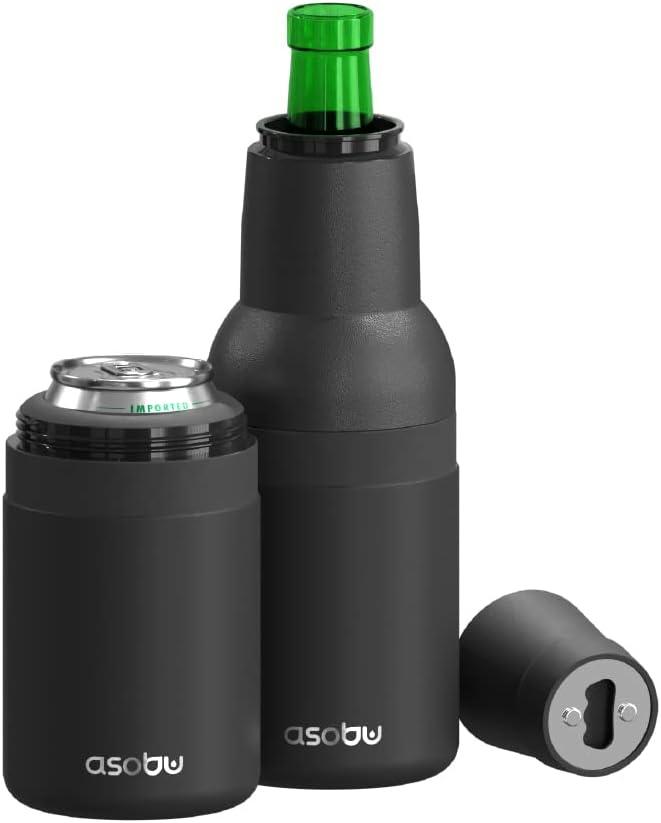 Asobu Frosty Beer Holder, 2 Go Vacuum Insulated Double Walled Stainless Steel Beer Can and Bottle Cooler with Beer Opener, BPA Free, Fits Standard 12oz, Ice Cold for Hours, Great Gift for Beer Lovers (Black)