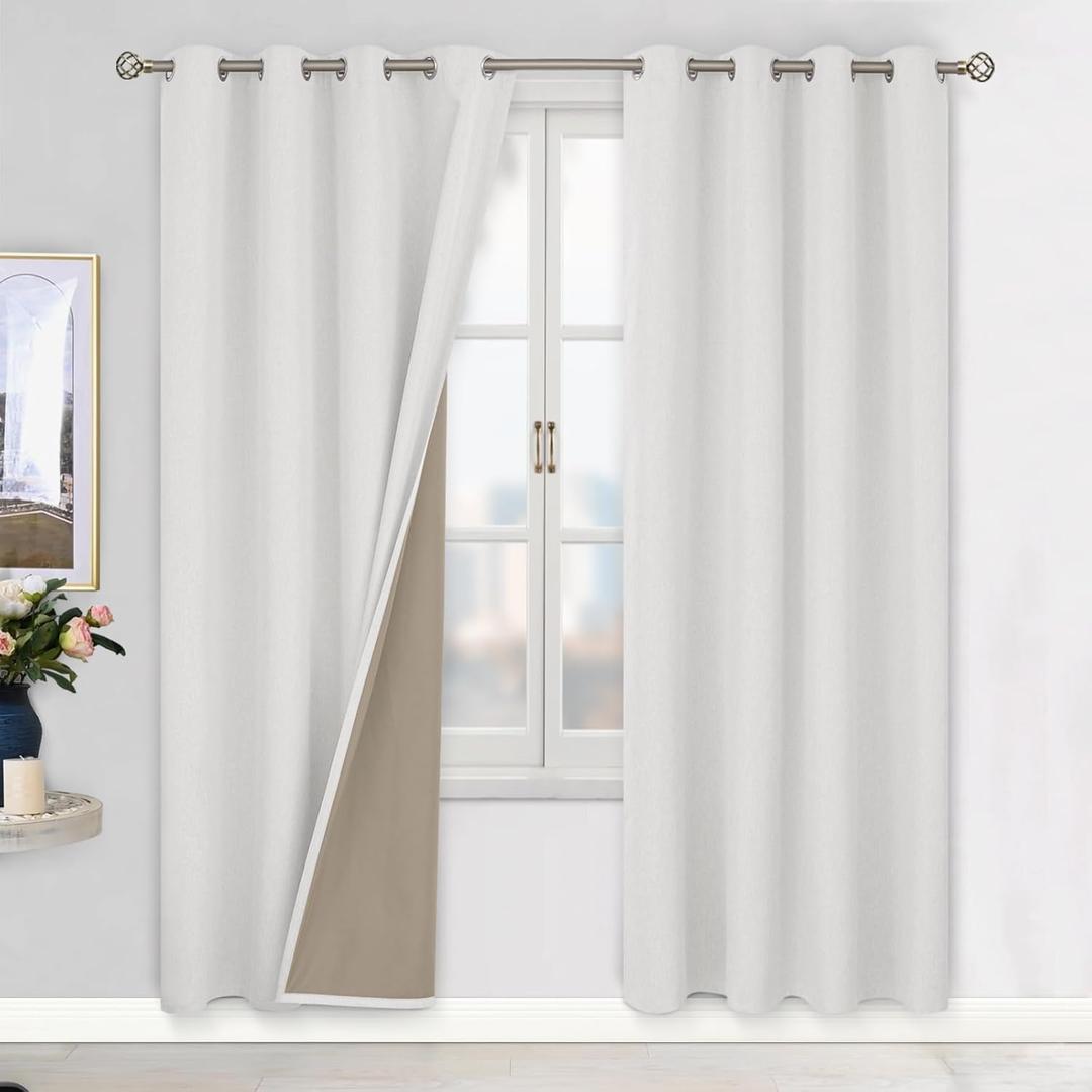 BGment 100% Blackout Curtains with Liner for Bedroom, Grommets Thermal Insulated Textured Linen Lined Curtains for Living Room ( 52 x 84 Inches, 2 Panels, Ivory White )