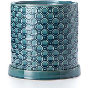 8 Inch Plant Pot: Ceramic Planter with Drainage Hole & Saucer Indoor Outdoor Plants - Cylinder Round Flower Pot for Home Office - Modern Decorative - Medium Blue