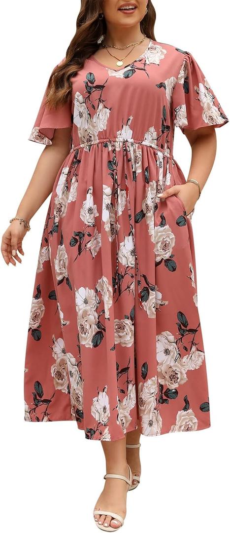 Nemidor Womens Plus Size Maxi Dress Summer Boho Sundress Floral Print Flared Casual Long Dresses with Pocket (Pink White), US 26