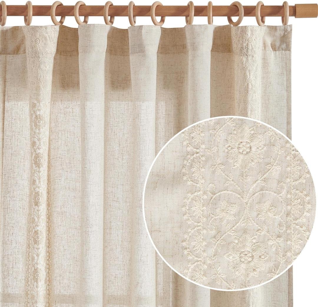 jinchan Boho Curtains for Bedroom Ivory Vintage Floral Farmhouse Curtains 84 Inches Long Linen Blend Drapes for Living Room Embroidered Light Filtering Drapes Rod Pocket Ivory on Beige 2 Panels (50"W x 84"L (Pack of 2))