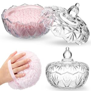 Tioncy 2 Pcs Extra Large Dusting Powder Puff and Container for Women-6'' Glass Crystal Dusting Powder Container with Body Soft Washable Reusable Velour Face(Clear,Pumpkin)