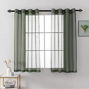 HUTO Midnight Green Sheer Curtains for Small Windows 54 Inch Length Faux Linen Voile Drapes Window Treatment Grommet Curtain Panels for Bedroom/Loft/Living Room 52x45 Inches 2 Panels Dark Green