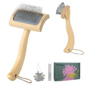 Bobopal Dog Slicker Brush for Shedding,Dog Brush for Long Haired Dogs & Remove Tangles & Mats,Ergonomic Handle Grooming Like Professional,Beech Wood,S