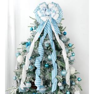 HUIHUANG Blue and White Christmas Tree Topper Bow 13 inch x 45 inch Large Christmas Bows Snowflake Velvet Bows for Christmas Tree Ornament, Wreaths, Staircase, Mantel, Home Decor