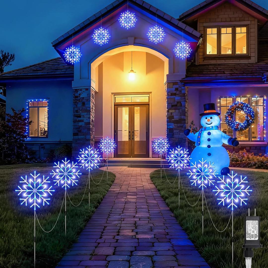 Brightown Large Snowflake Pathway Lights,Total 20-Pack 34" Outdoor Snowflake Christmas Lights Decor for Yard, 8 Modes Sidewalk Marker Stake for Driveway Walkway, IP44 Waterproof, Blue and White