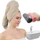 Women Microfiber Hair Towel Wrap with Elastic Strap,Super Absorbent Anti Frizz Drying Turban for Curly, Long,Wet Hair- Beige