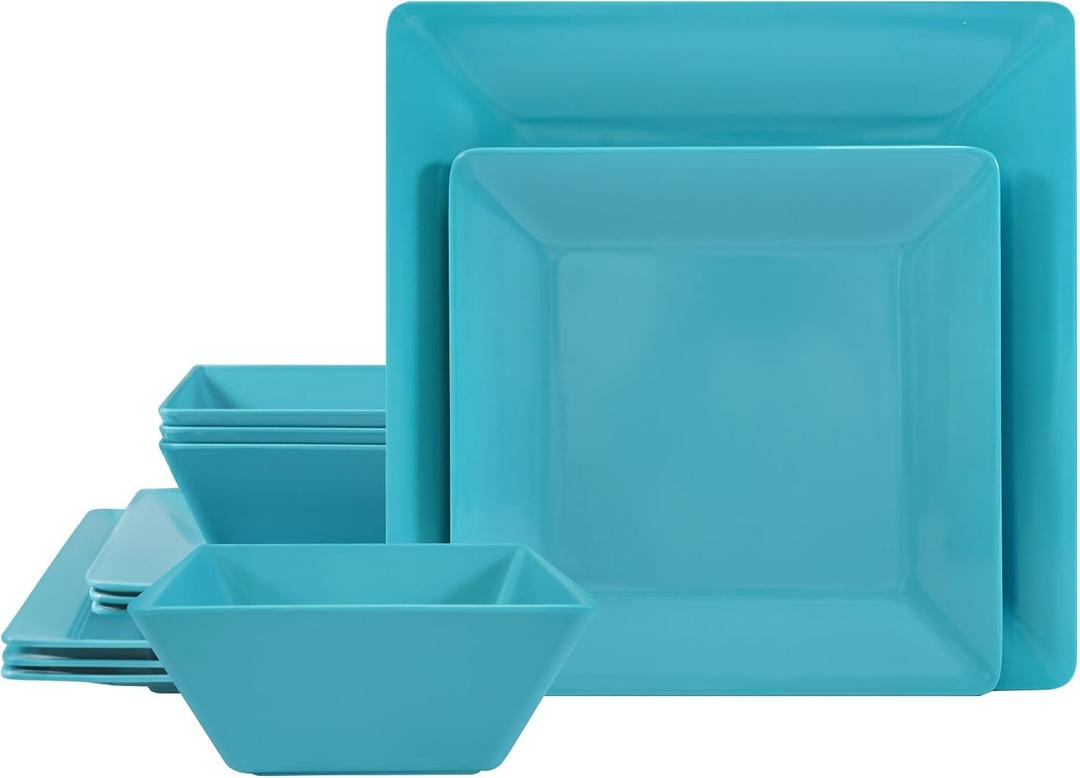 TP 12-Piece Melamine Dinnerware Sets, Plates and Bowls Dishes Set for 4, Break-Resistant & Non-Microwavable, Lightweight Square Dinner Plates, Teal