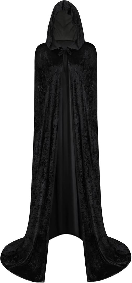Velvet Renaissance Costume Cloak with Hood, Unisex Medieval Cosplay Cape for Festivals & Parties (Large, Black)