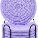 ABenkle 8 Pcs Drink Coasters with Holder, Cotton Woven Absorbent Coasters for Drinks, Minimalist Home Decor Coaster Set for Wooden Tabletop Protection Table, 4.3 inches (Purple)