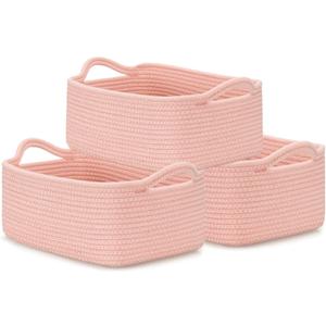 CLHMILY&Z Small Cube Storage Baskets, Decorative Woven Cotton Rope Baskets with Handles for Organizing, Shelf, Closet, Nursery, Bathroom, Toy Organizer Bins (3, Pink, 11.4 x 7.5 x 4.7)