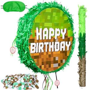 Birthday Pixel Pinata, Green Pixel Birthday Party Decorations with Stick Blindfold and Confetti Pixel Party Supplies for Kids Birthday, School Activities Game Party Decor