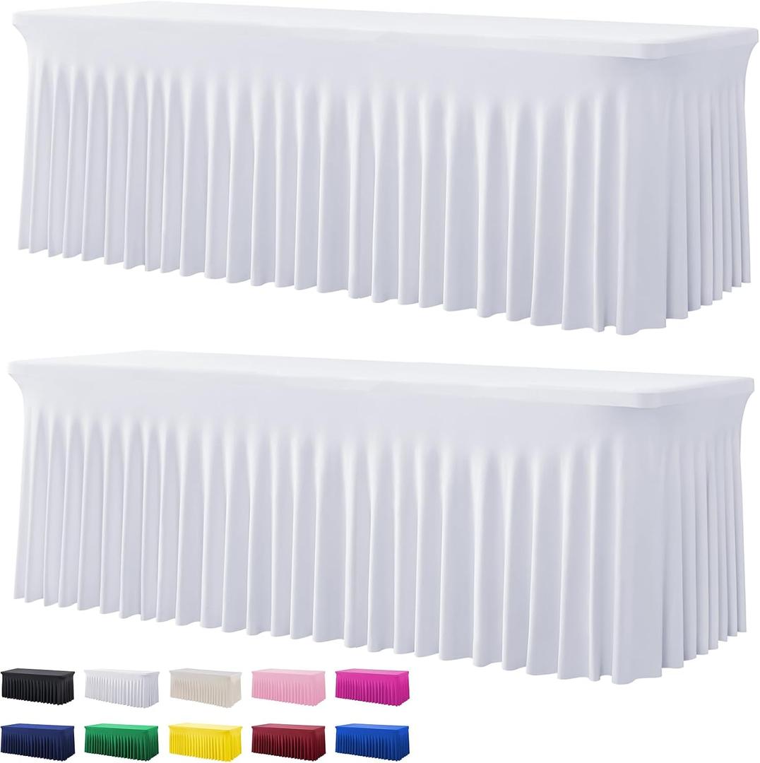 2 Pack White Spandex Tablecloths for 8 Foot Rectangle Tables, Wrinkle Free Stretchy Table Cloth 8ft Fitted Table Cover Desk Skirt for Parties Weddings Birthday Banquet Baby Shower