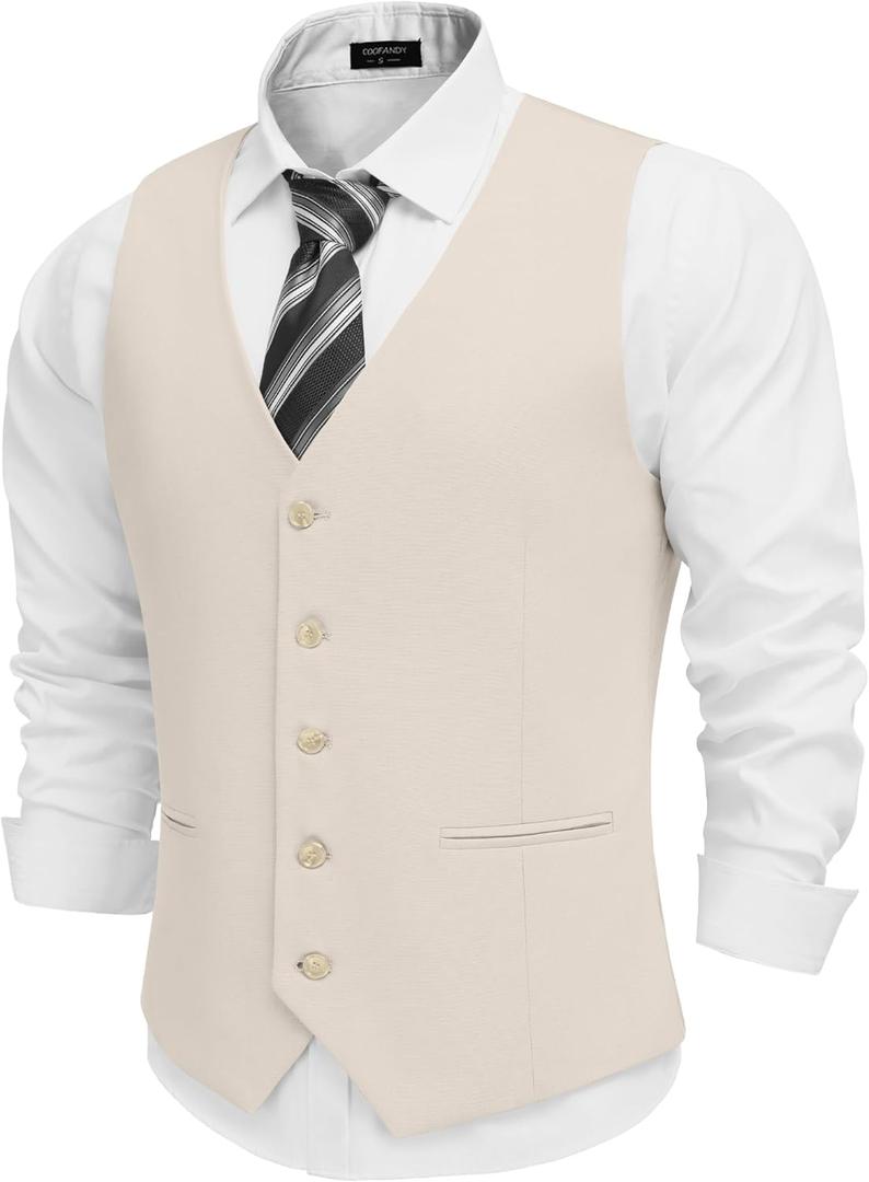 COOFANDY Men's Linen Vest Casual Linen Slim Fit Suit Vests Dress Waistcoat Wedding Business Prom (Large, Beige)