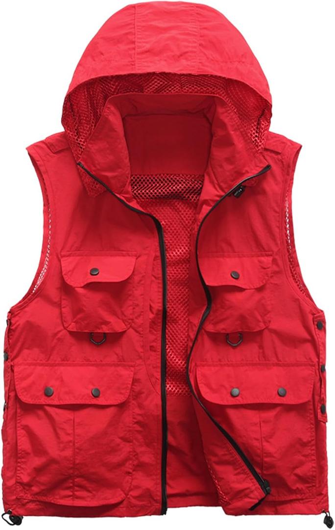 M2C Mens Hooded Mesh Multiple Pockets Traveling Vest (Medium, Red)