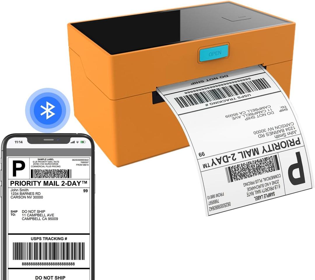 Bluetooth Thermal Shipping Label Printer, 4x6 Label Printer for Shipping Packages, Support iOS, iPhone, iPad, Android, Mac and Windows, Used for Amazon, Ebay, Shopify, Etsy, USPS,UPS, Orange
