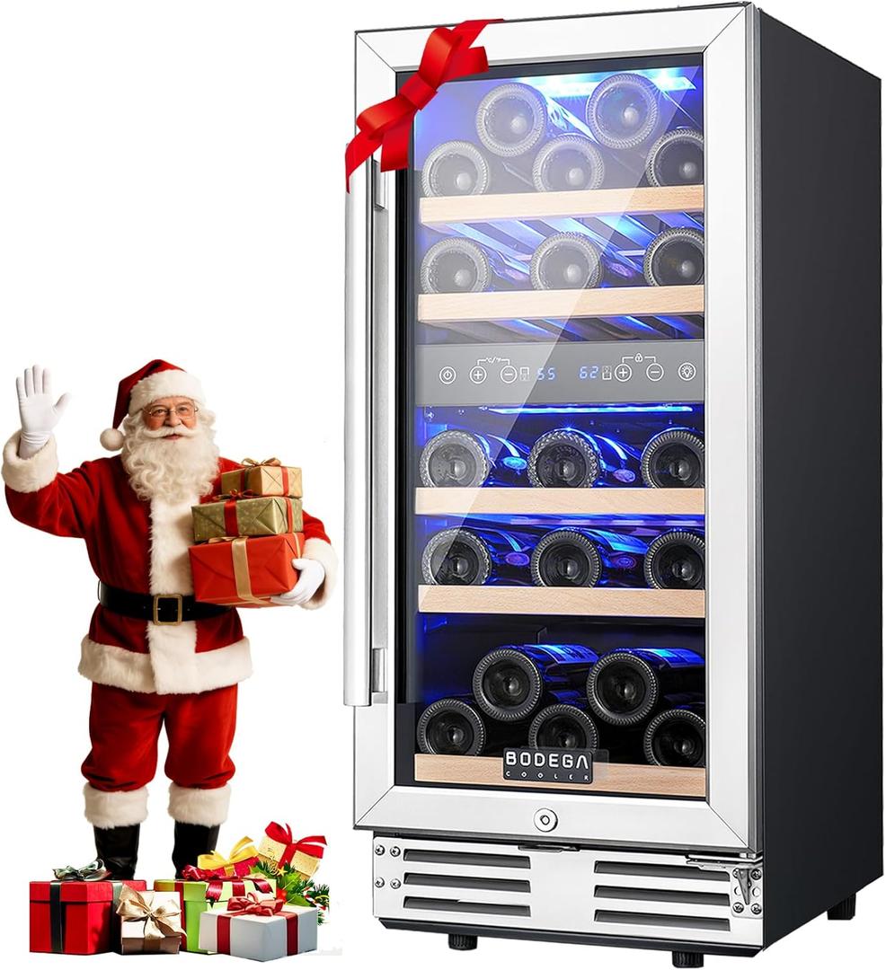 BODEGA 15 Inch Dual Zone Wine Fridge, 30 Bottle, Black 15” Wine Cooler Under Counter For Home and Kitchen, With Double-Layer Glass Door, Wine Refrigerators Free standing with Temperature Control.