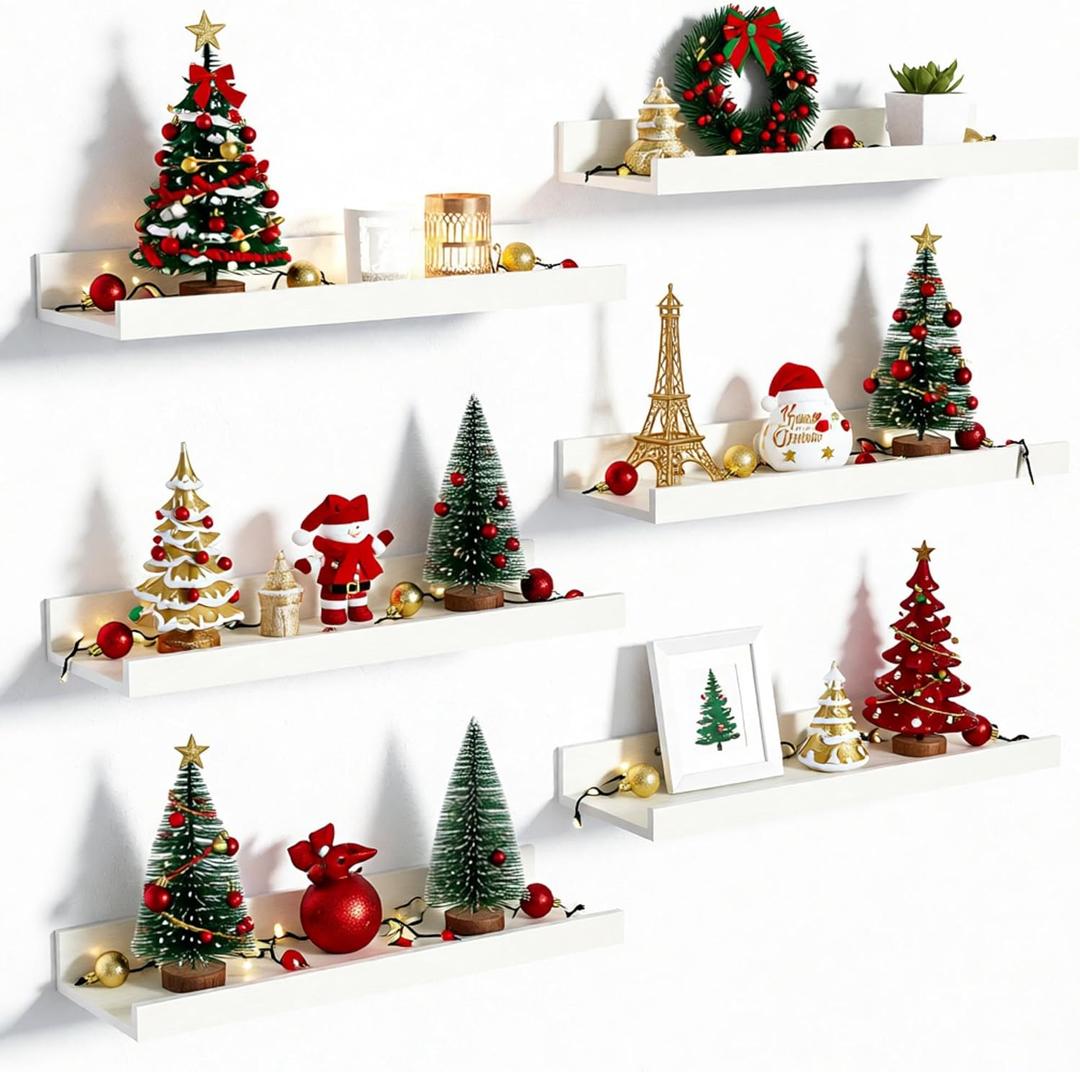 upsimples Floating Shelves for Wall, Wall Shelves for Decor Storage Set of 6, Wall Mounted Wood Shelf for Bedroom, Living Room, Bathroom, Kitchen, Picture Ledge Shelf, White (15.7in)