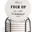 Funny Drink Coasters Ceramic Absorbent Coasters, Don't up The Table Unique Stone Drink Coaster with Cork Back for Coffee Table, Living Room, Family and Friends (Round-White, 6)