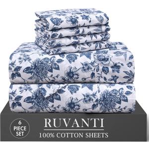 RUVANTI 6 Pcs Cotton Sheets - 100% Natural Cotton Soft, Lightweight & Breathable Crispy Percale Sheets, Full Size Bed Sheets 16" Deep Pockets, Wild Flower