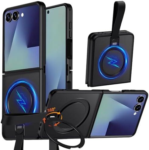 FIERANY 360° Spin Magnetic Stand for Z Flip 7 Case,Ring Holder Stand with Silicone Strap,Fit for MagSafe Shockproof Translucent Matte Phone Case for Samsung Galaxy Z Flip 7 (Black)