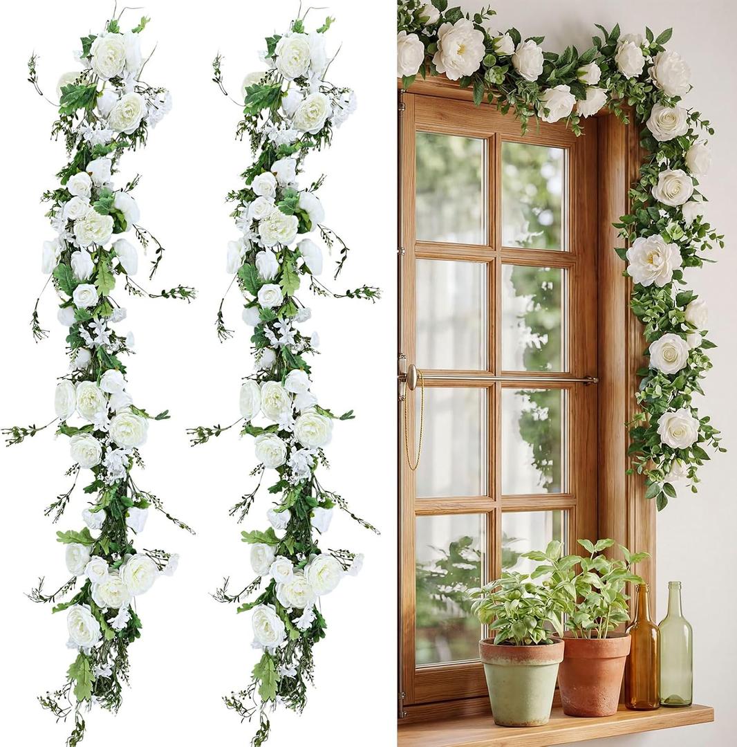 Riceshoot 4 Pcs 6ft Flower Garland with Peony & Rose - Artificial Silk Floral Vine Hanging Fake Roses Vine for Wedding Party Home Decor, Spring Flowers for Arch Table Mantel Decoration (White)