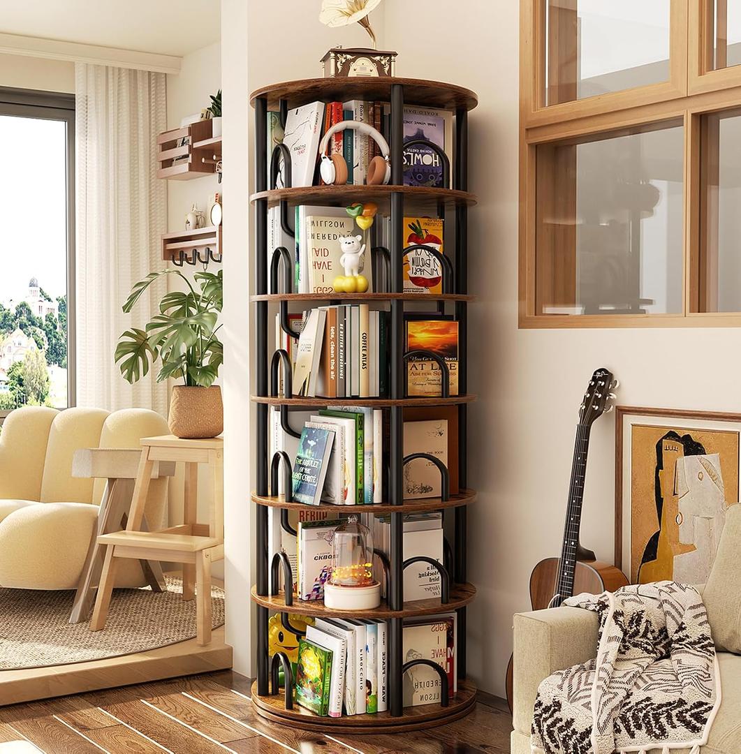Aheaplus 6 Tier Rotating Bookshelf Tower, Revolving Bookcase, Rustic Brown, 6 Tier, 71" H