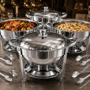 Chafing Dishes for Buffet, 4 Pack 7QT Round Silver, Pre-Assembled Stands