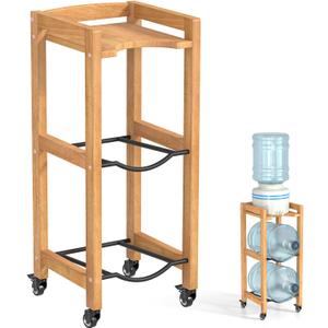 3-Tier 5 Gallon Water Jug Holder with Top Shelf, 4 Metal Wheels or Adjustable Feet, Natural Hardwood Water Dispenser Floor Stand, Wooden Organizer for Kitchen, Office, Garage Space-Saving Design