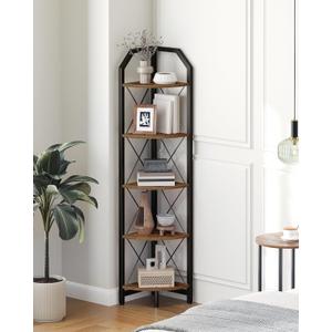 59.4" Corner Shelf, 5-Tier Industrial Corner Bookshelf, Corner Storage Stand, Plant Stand Display Shelf, Bookcase for Bedroom, Living Room, Home Office, Rustic Brown and Black TCJ10BF