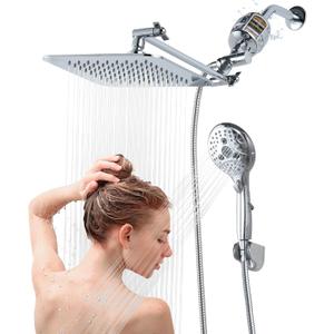 8'' Dual 20 Stage Filtered Shower Head with Handheld, 6 Spray Settings Handheld Shower Head High Pressure Rainfall Filter Combo with 12'' Adjustable Extension Arm, 71'' Shower Hose (Chrome Polished)