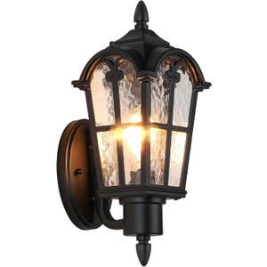 Outdoor Wall Light Fixtures Wall Mounted, Exterior Waterproof Porch Lights Lanterns, Outside Sconces with Water Ripple Glass for House Front Door Garage, Retro Vintage Style, 1 Pack (Black)
