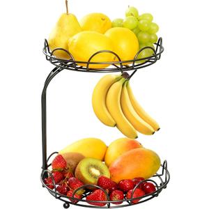 AIXINMEI 2-Tier Fruit Basket for Kitchen Counter, Metal Wire Fruit and Vegetable Storage Organizer with Bottom Slide-Out Tray, Space Saving Design for Pantry, Countertop (Black)