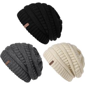 FURTALK Winter Slouchy Beanie Hat for Women Warm Cable Knit Strench Skull Cap (Black+grey+beige)
