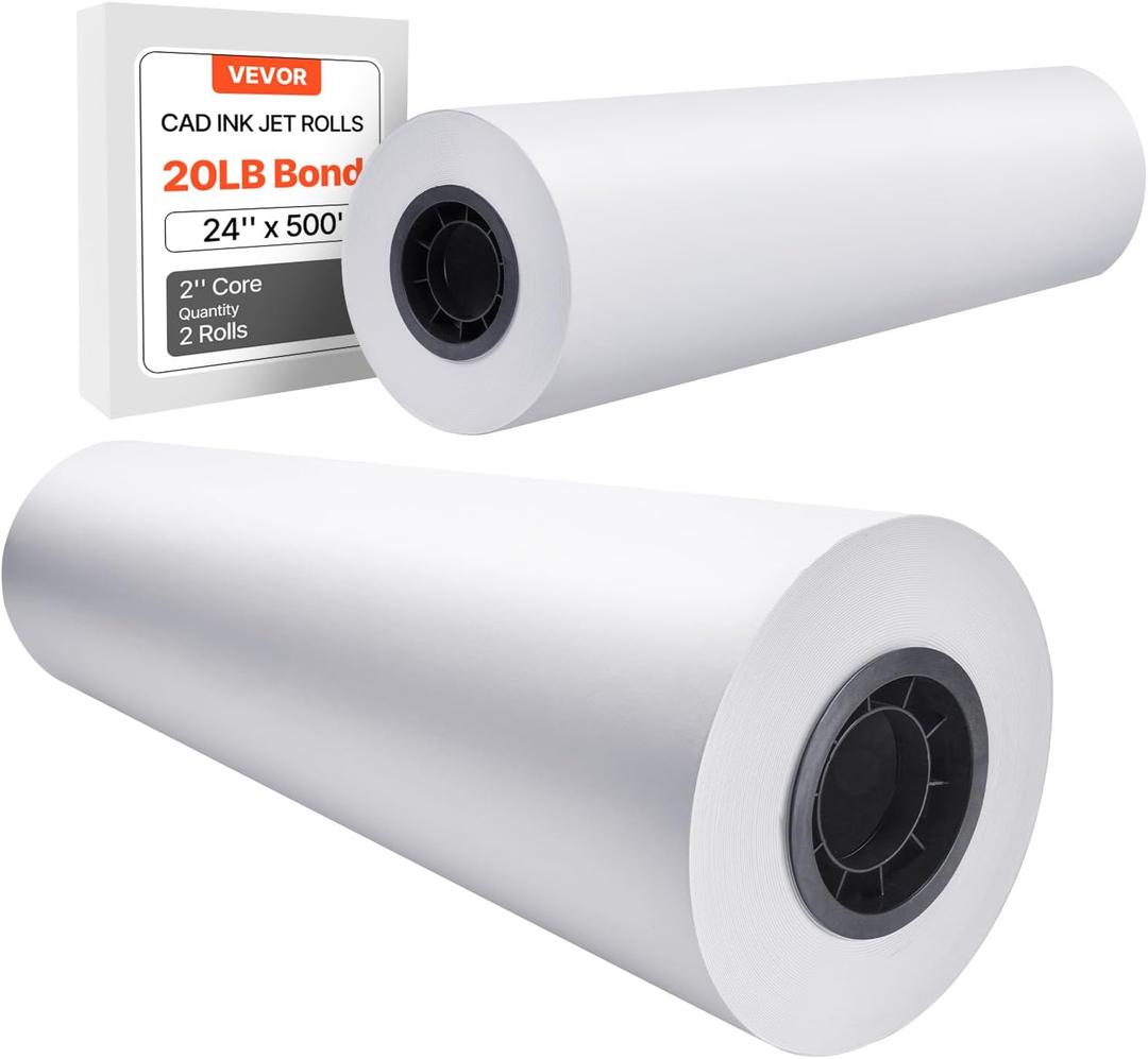 VEVOR Wide Format Paper, 24 in x 500 ft Plotter Paper, 2 Rolls CAD Bond Rolls with 3 in Core, 80G/m² Bond Paper Rolls, Idea for CAD Drawings, Engineering Plans, GIS Maps & Architectural Designs