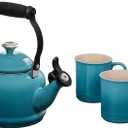 Le Creuset Enamel On Steel Demi Kettle with Metal Finishes & Stoneware Set of 2 Mugs, 1.25 qt. Kettle & (2) 14 oz. Mugs, Caribbean